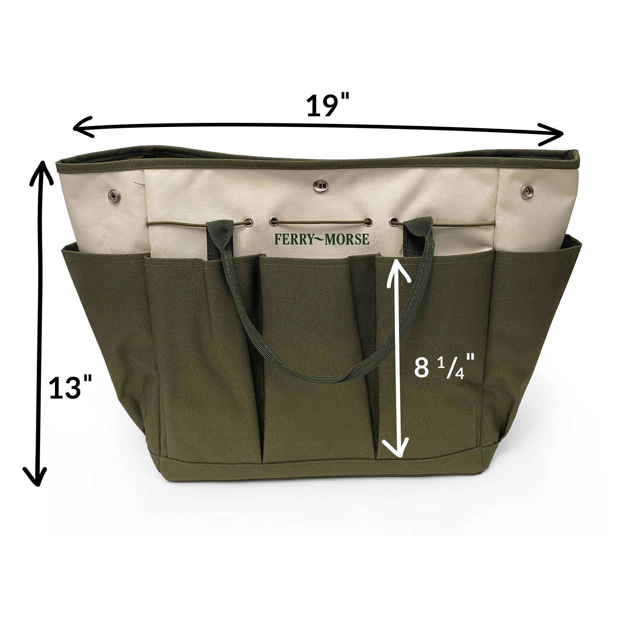 A green and beige Ferry-Morse garden tool bag with multiple pockets and a drawstring closure.